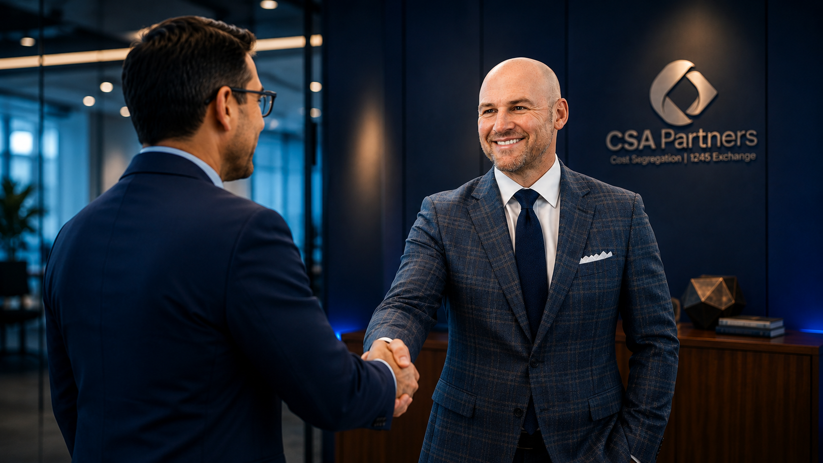 CSA Partners representative shaking hands with a CPA in the CSA Partners office, cost segregation partner program