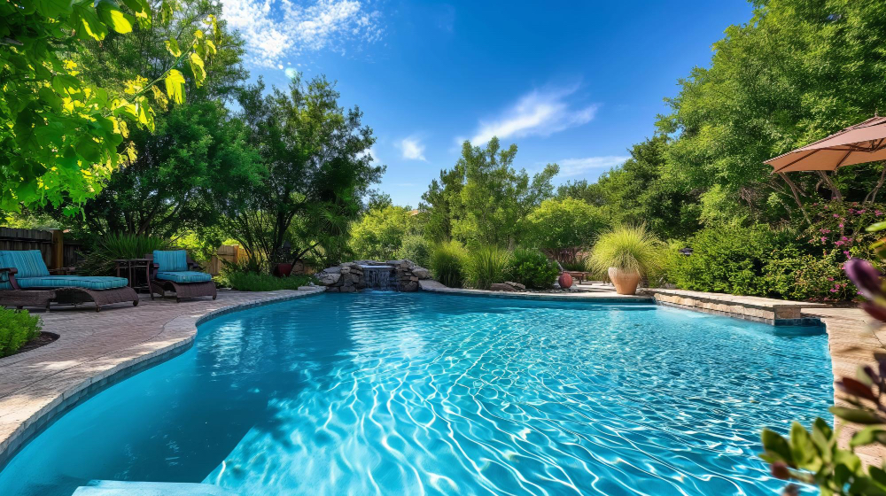 Pool and landscaped exterior of a rental property